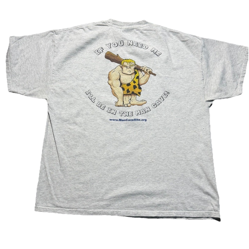 Y2K Man Cave Site Caveman Graphic T Shirt Mens XL Gray